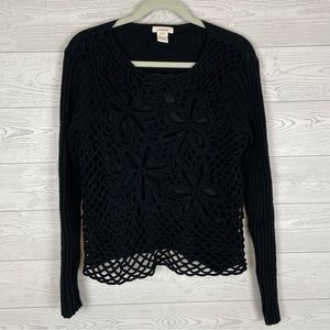 Sundance Black Lambswool Knit Crochet Floral Sweater Size Large